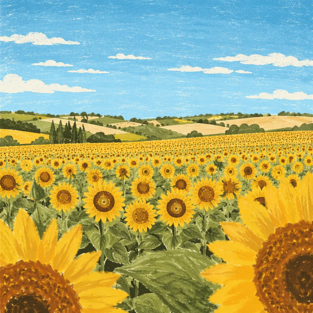 Bright Summer Sunflower Field Under Blue Sky