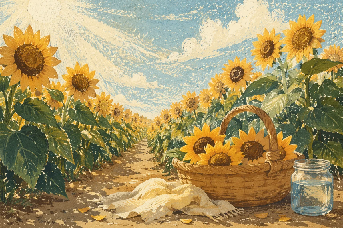 Sunny Sunflower Field with Harvest Basket