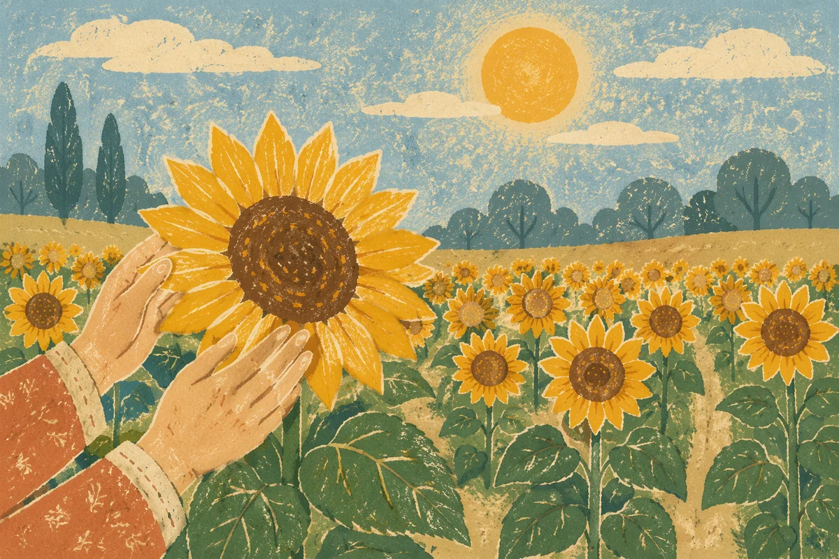 Hands Touching Sunflowers in Summer Field
