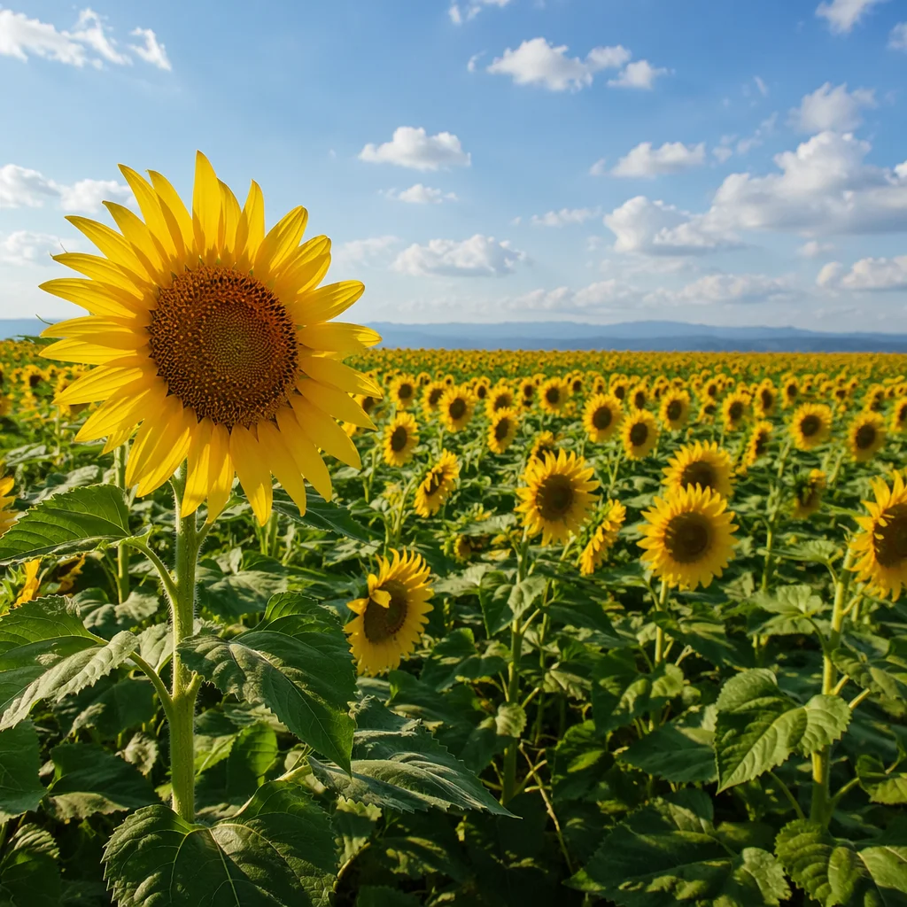 Bright Summer Sunflower Field Under Sunny Sky
