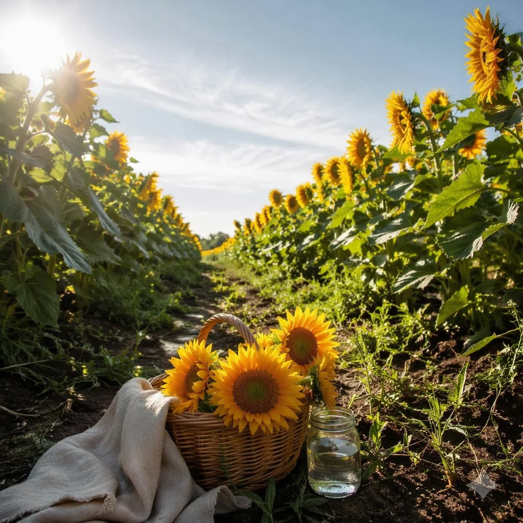 Sunny Summer Sunflower Field with Basket