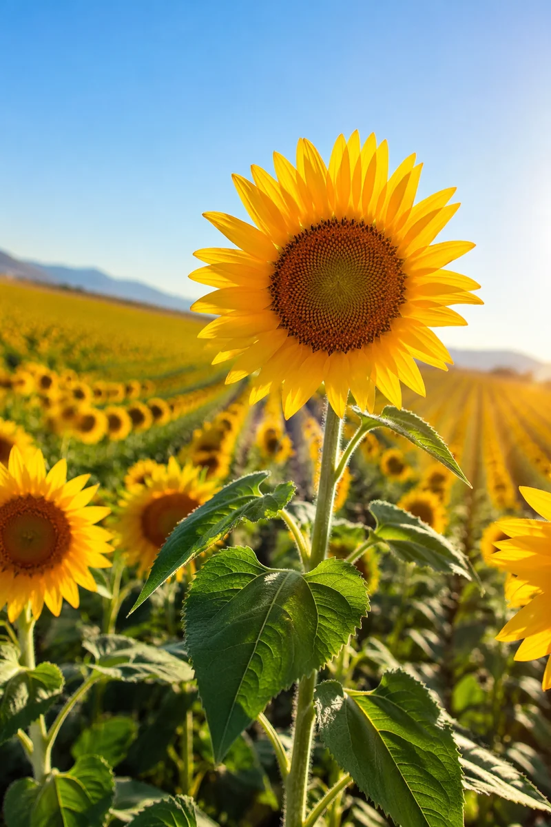 Sunlit Summer Sunflower Field at Peak Bloom