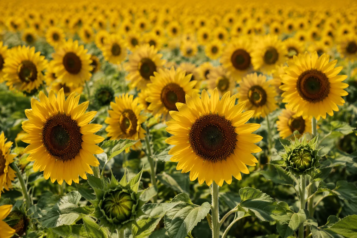 Sunny Summer Sunflower Field Closeup