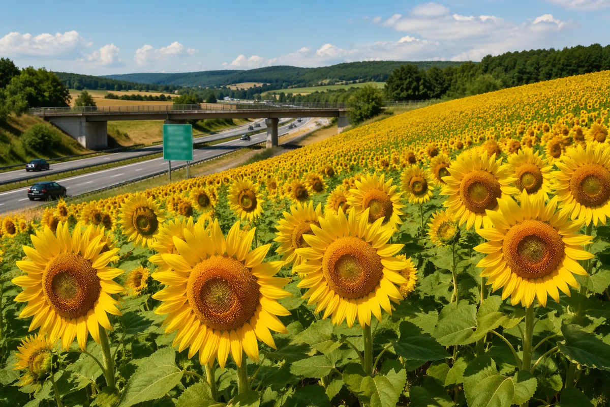 Bright Summer Sunflower Field by Highway