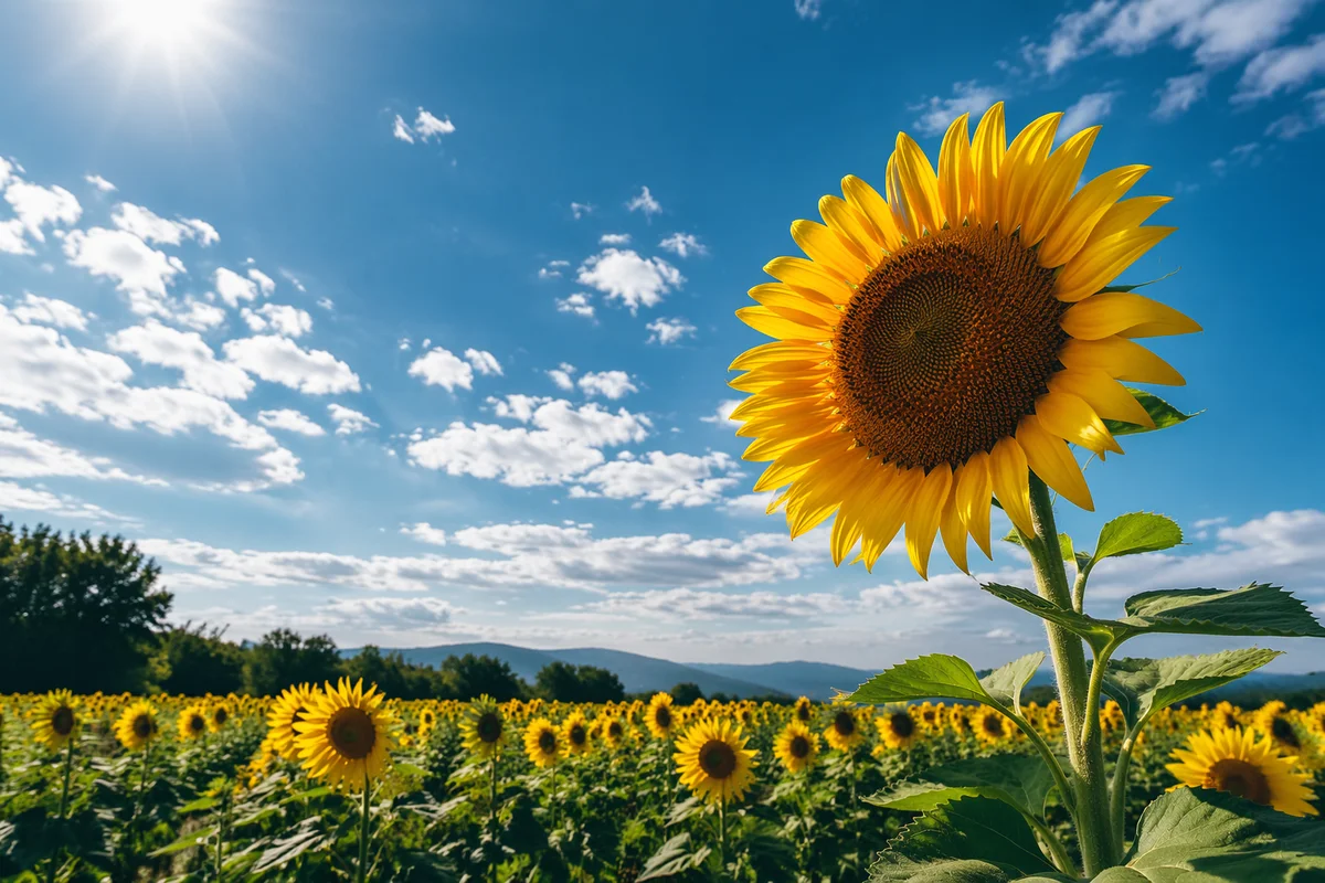 Bright Summer Sunflower Field Under Blue Sky