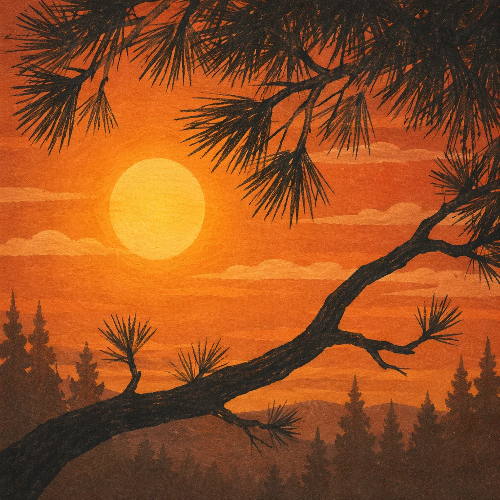 Silhouetted Pine Branch at Golden Sunset