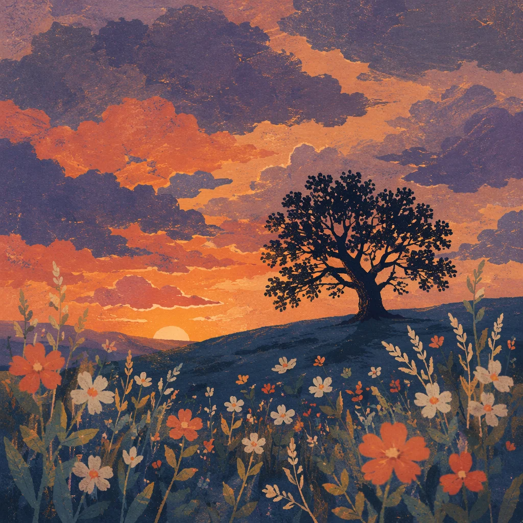 Tree Silhouette Over Wildflower Sunset Sky