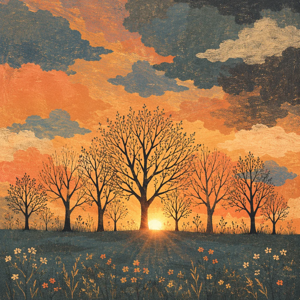 Dramatic Sunset Tree Silhouettes with Wildflowers