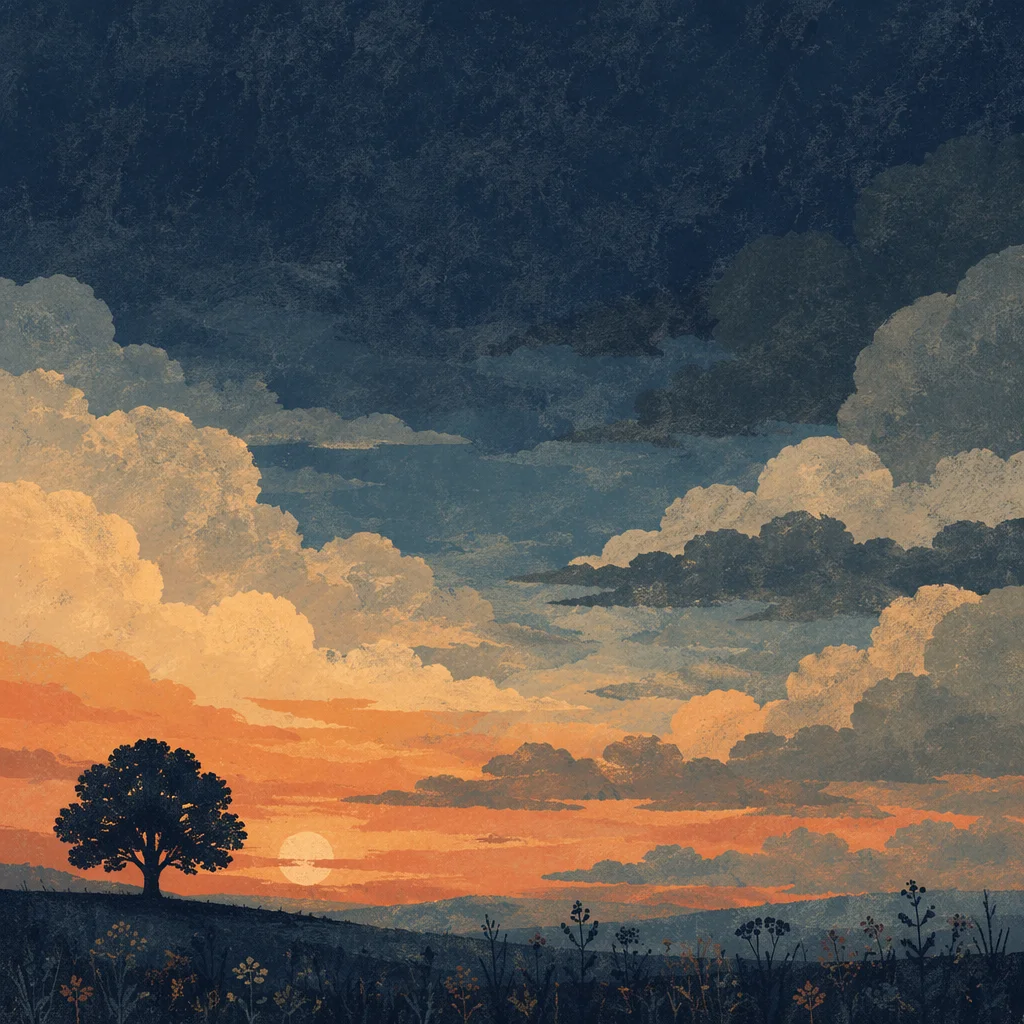 Lone Tree Silhouette Under Dramatic Sunset Sky