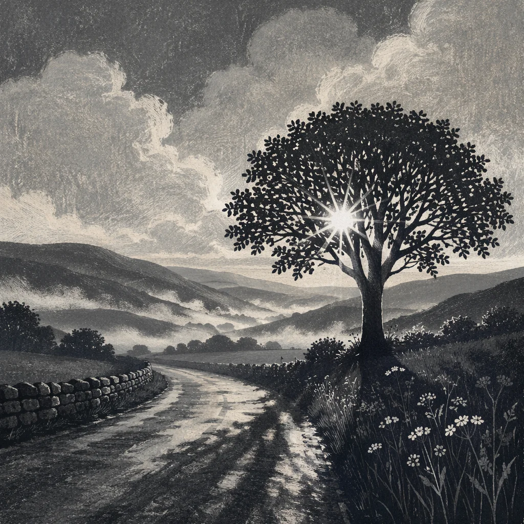 Silhouetted Tree Road at Dramatic Sunset