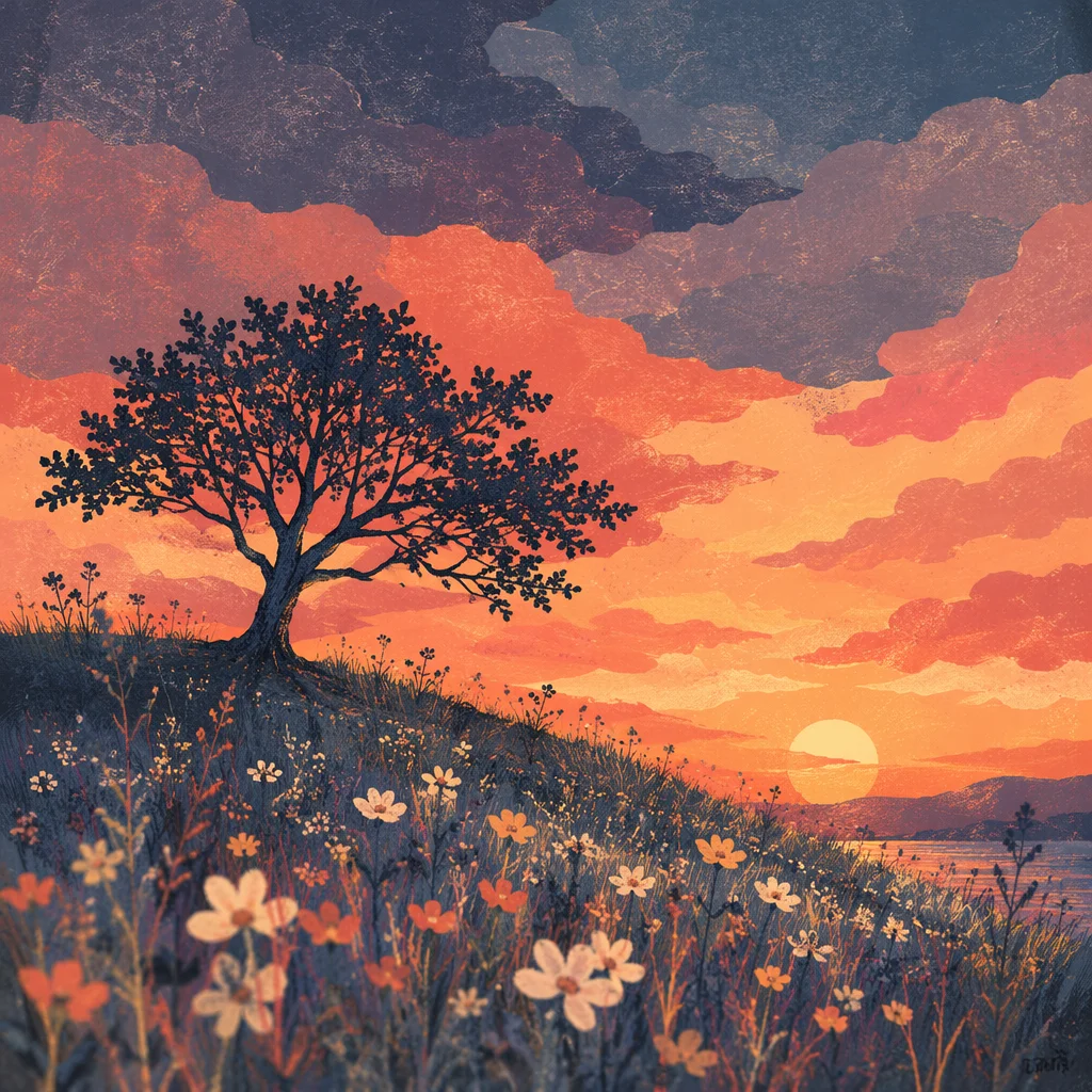 Lone Tree Silhouette Over Sunset Wildflowers