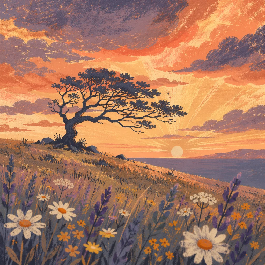 Lone Tree Silhouette Over Sunset Wildflowers