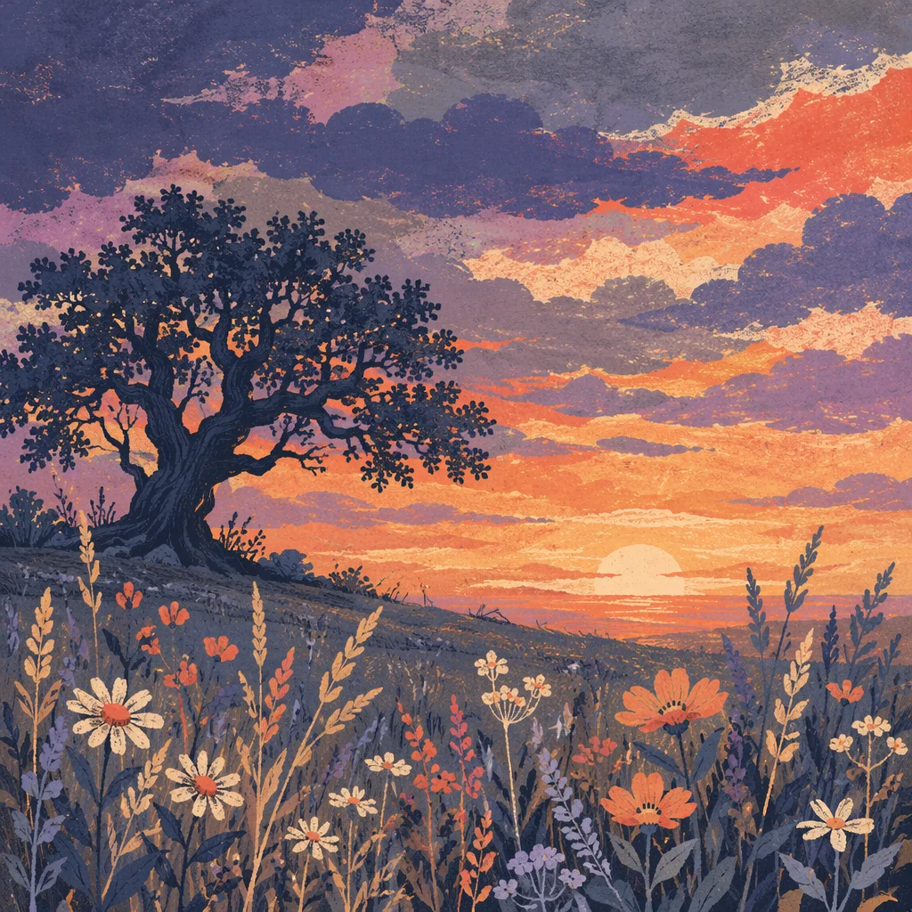 Solitary Tree Silhouette Over Wildflower Sunset