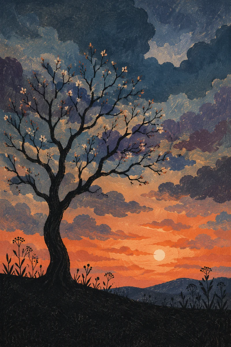 Wildflower Tree Silhouette at Dramatic Sunset