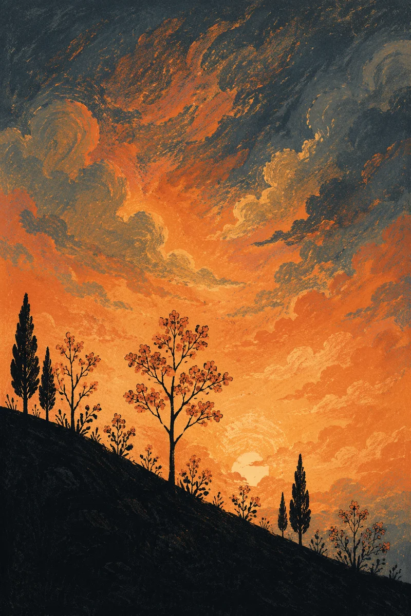 Flowering Tree Silhouette Beneath Dramatic Sunset Sky