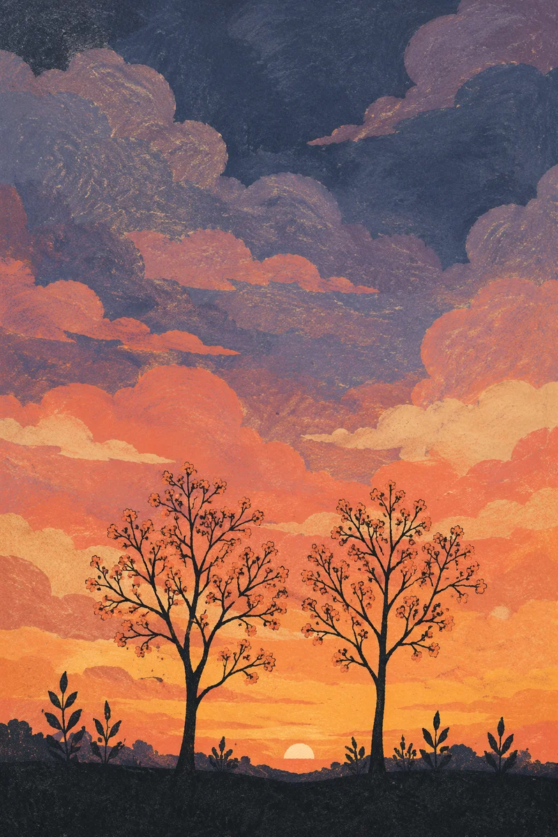 Flowering Tree Silhouettes at Dramatic Sunset