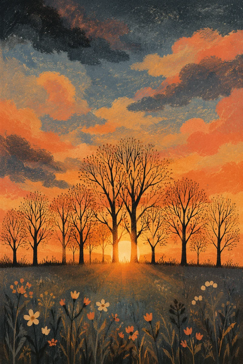 Dramatic Sunset Tree Silhouettes with Meadow Flowers