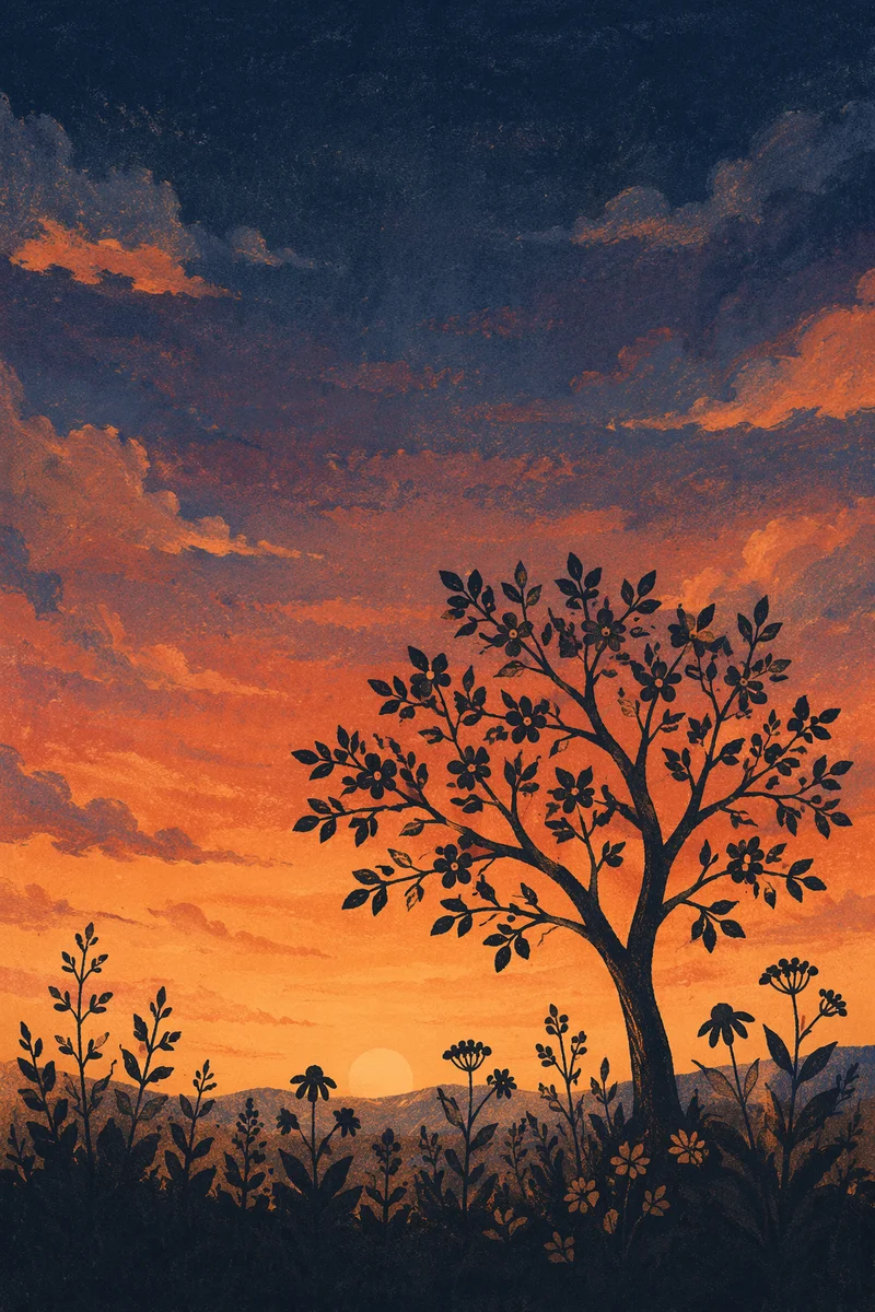 Flowering Tree Silhouette Under Dramatic Sunset Sky
