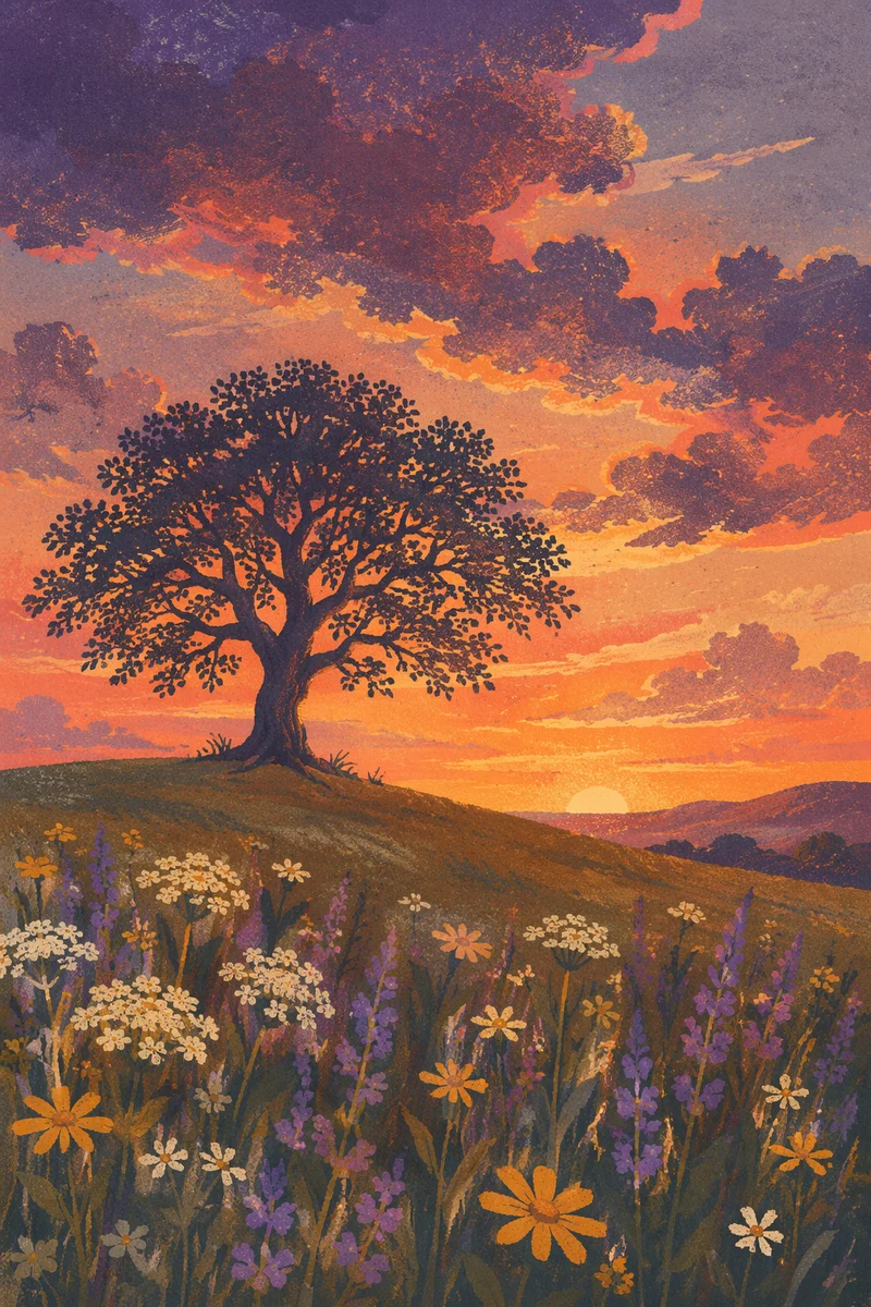 Lone Tree Silhouette Over Wildflower Sunset Meadow