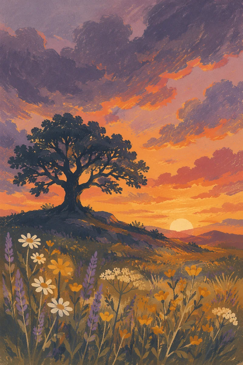 Silhouetted Tree Over Sunset Wildflower Meadow
