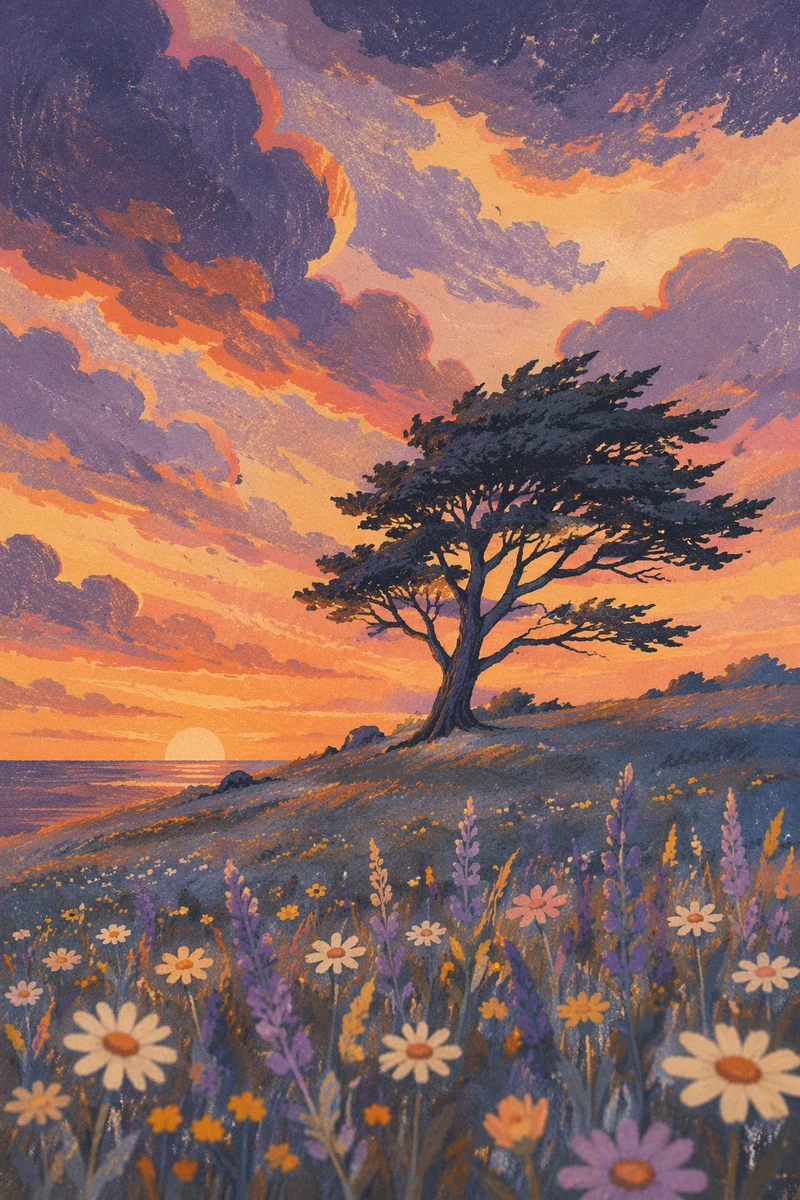 Silhouetted Tree Over Sunset Wildflower Meadow
