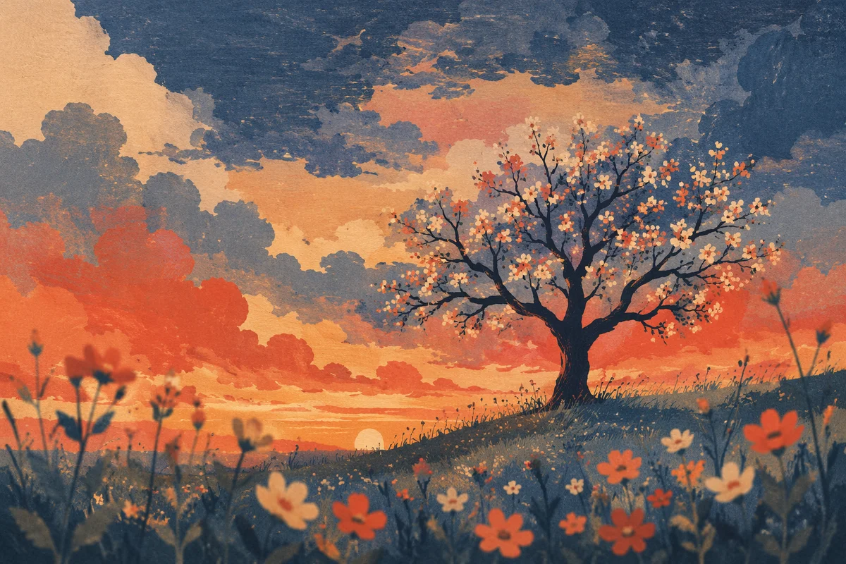 Flowering Tree Silhouette at Dramatic Sunset