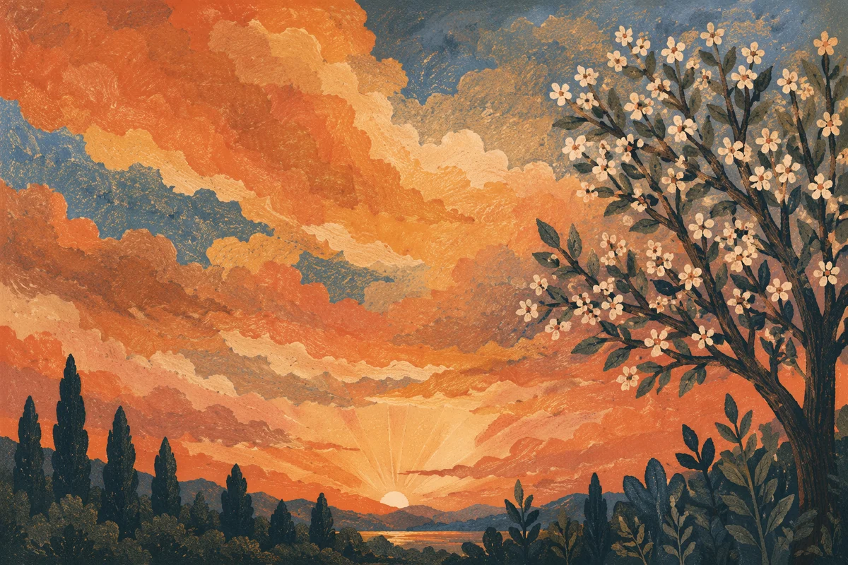 Flowering Tree Silhouette at Sunset Sky