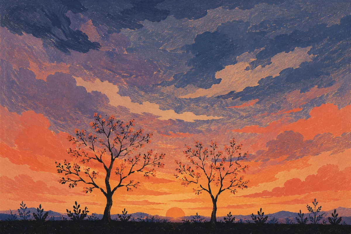 Flowering Tree Silhouettes at Dramatic Sunset