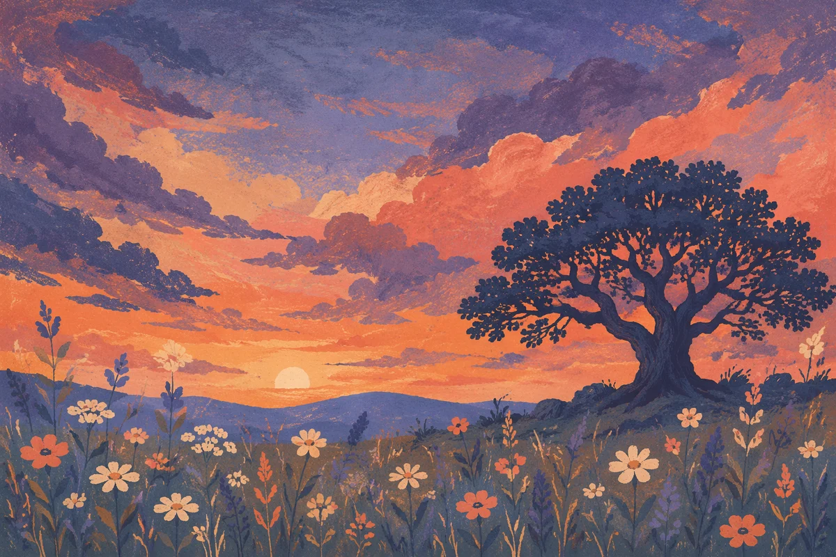 Solitary Tree Silhouette Over Wildflower Sunset
