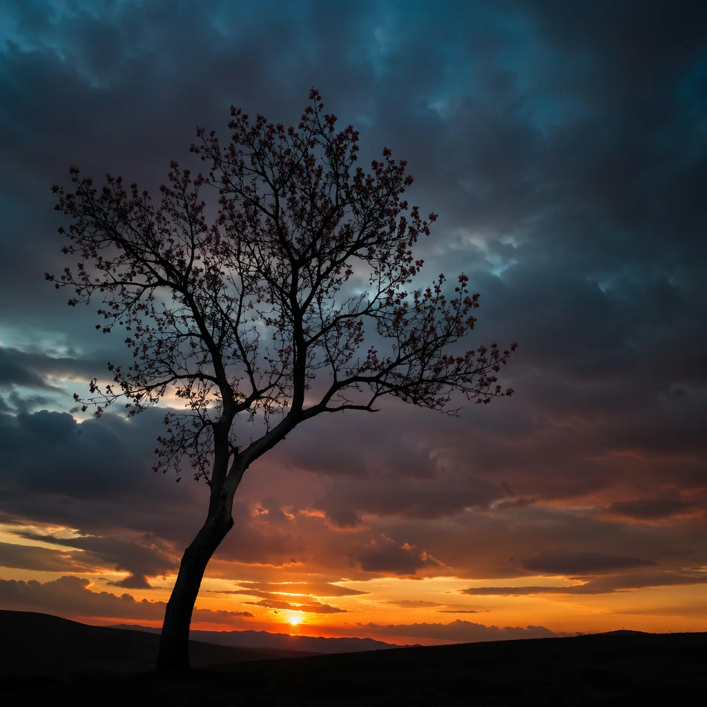 Wildflower Tree Silhouette at Dramatic Sunset