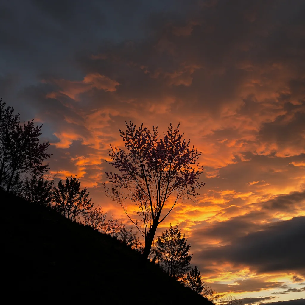 Flowering Tree Silhouette at Dramatic Sunset