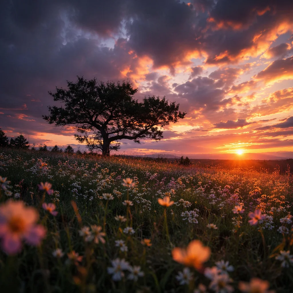 Lone Tree Silhouette at Sunset Meadow