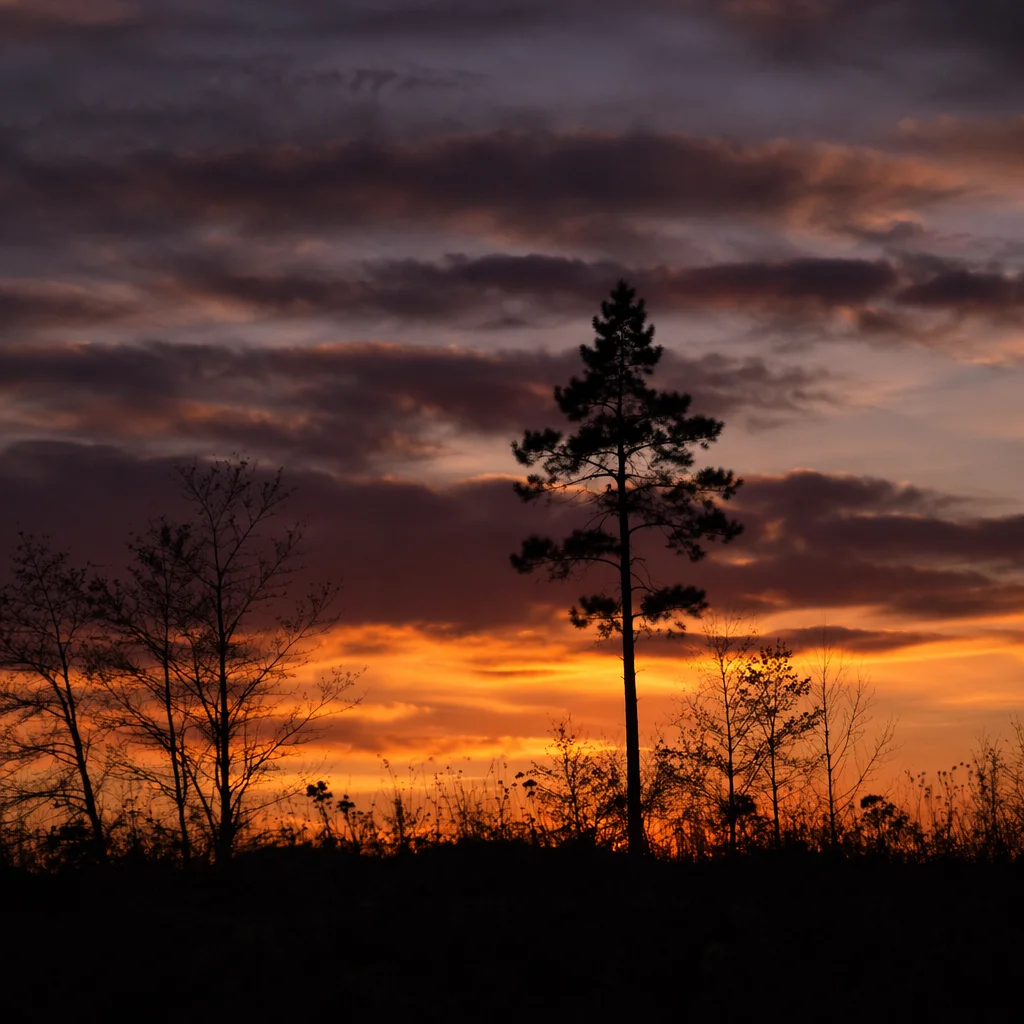 Tree Silhouettes Over Wildflower Sunset Sky