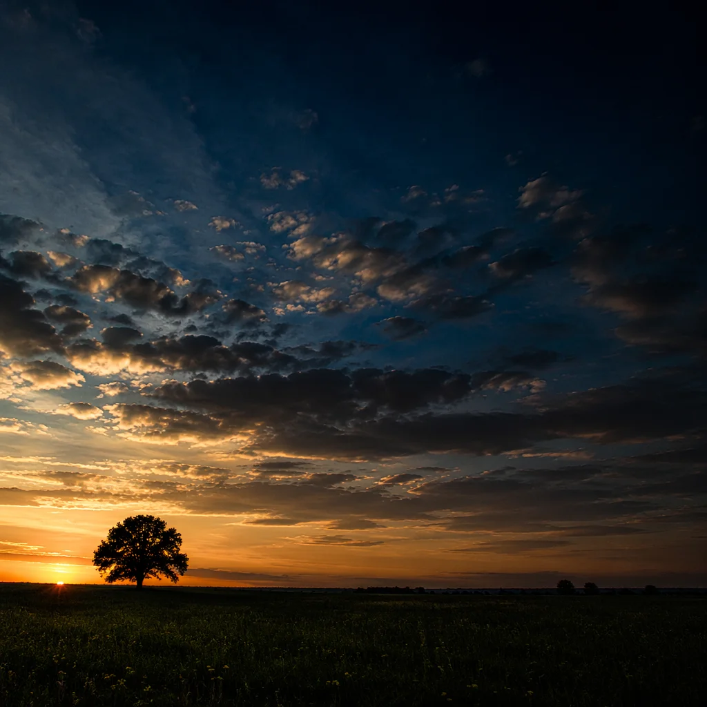 Lone Tree Silhouette Under Dramatic Sunset Sky