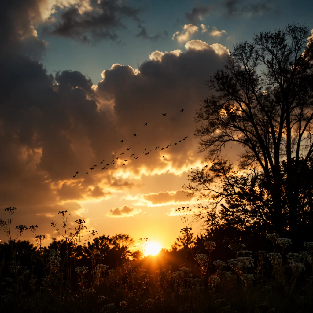 Dramatic Sunset Tree Silhouette with Wildflowers