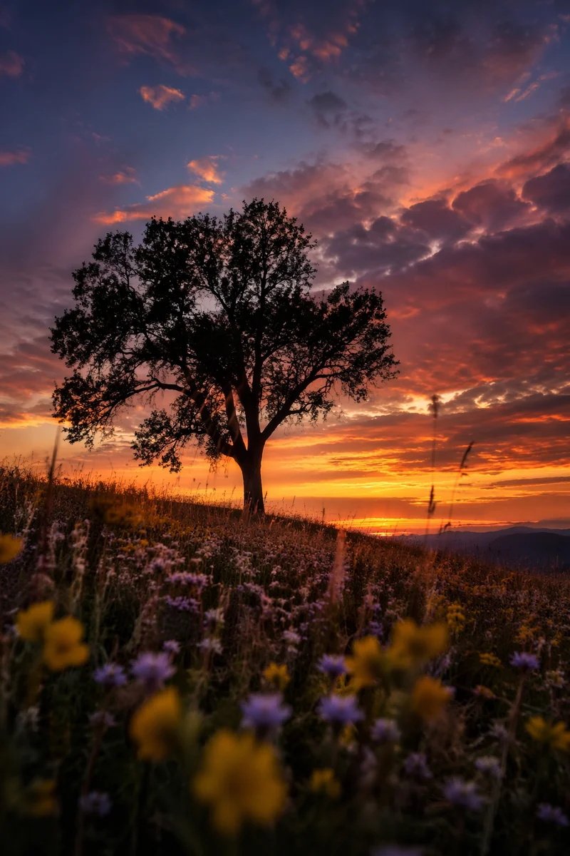 Lone Tree Silhouette Over Sunset Wildflowers