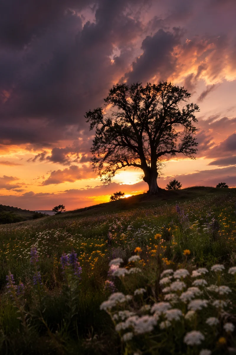 Silhouetted Tree Over Sunset Wildflower Meadow