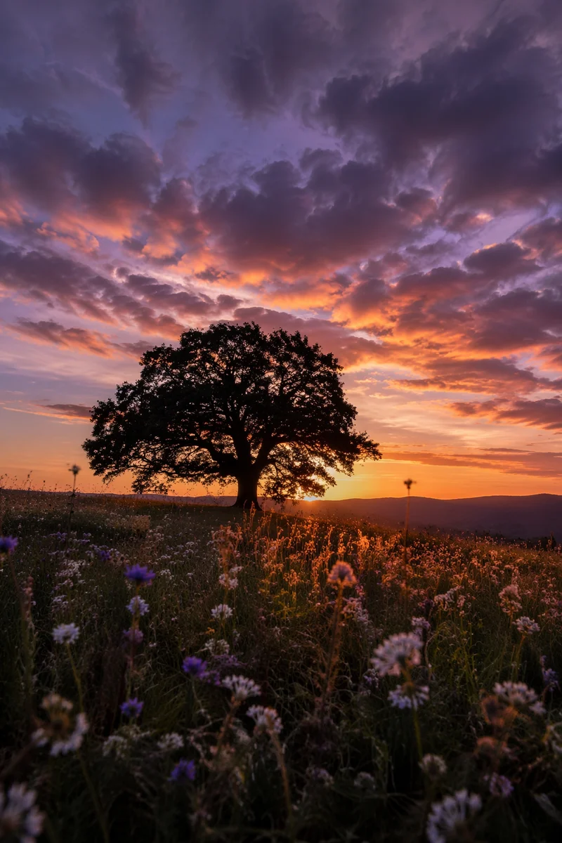 Tree Silhouette Over Wildflowers at Sunset