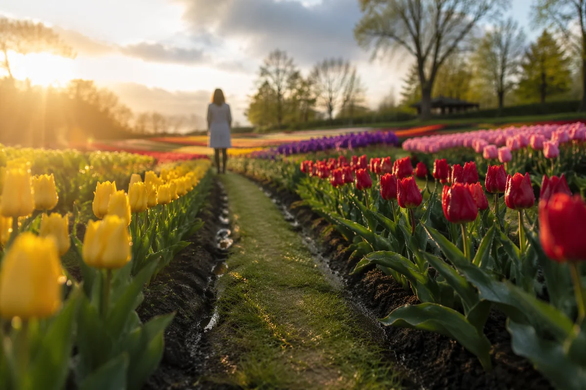 Colorful Spring Tulip Rows at Sunrise