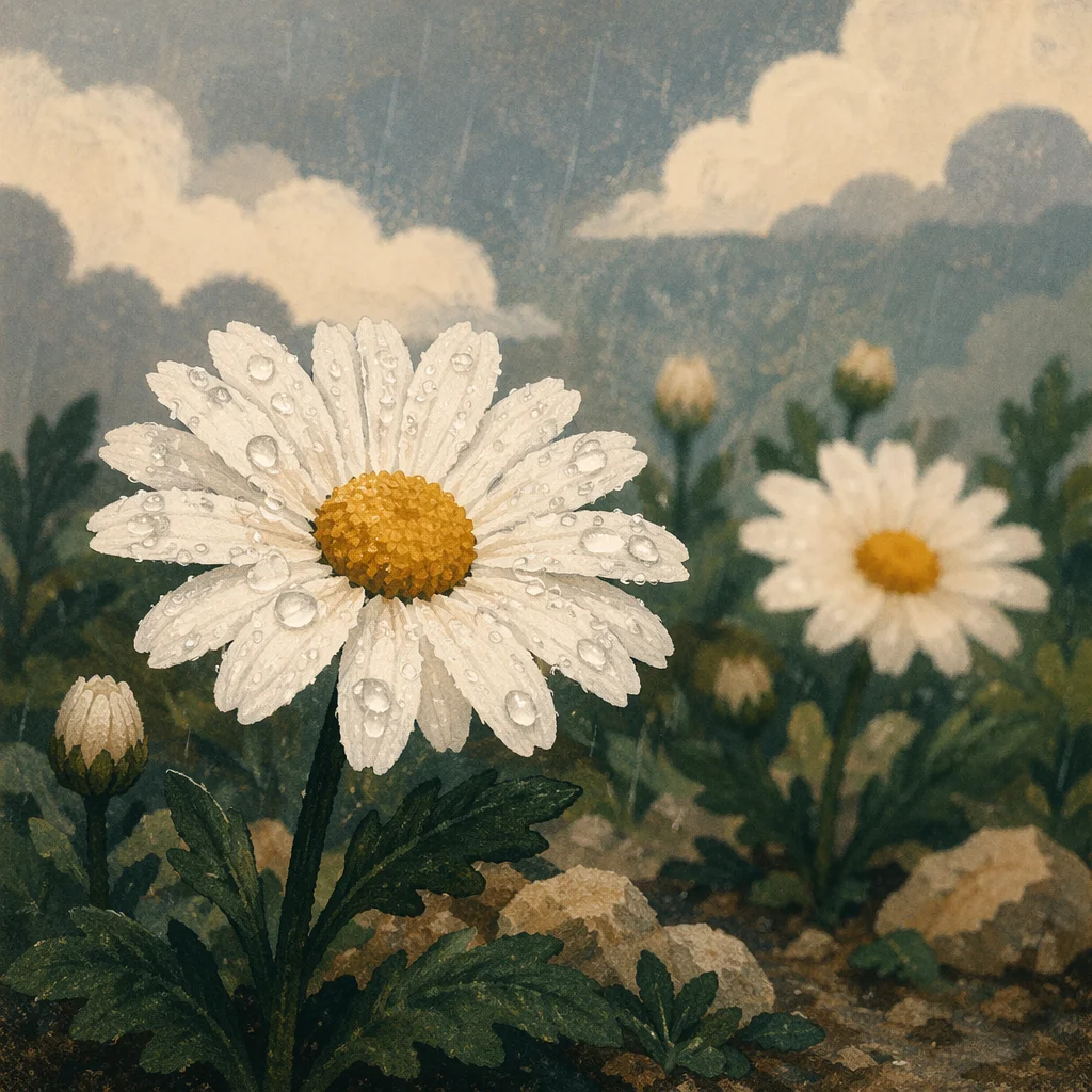 Dewy White Daisies in Quiet Garden