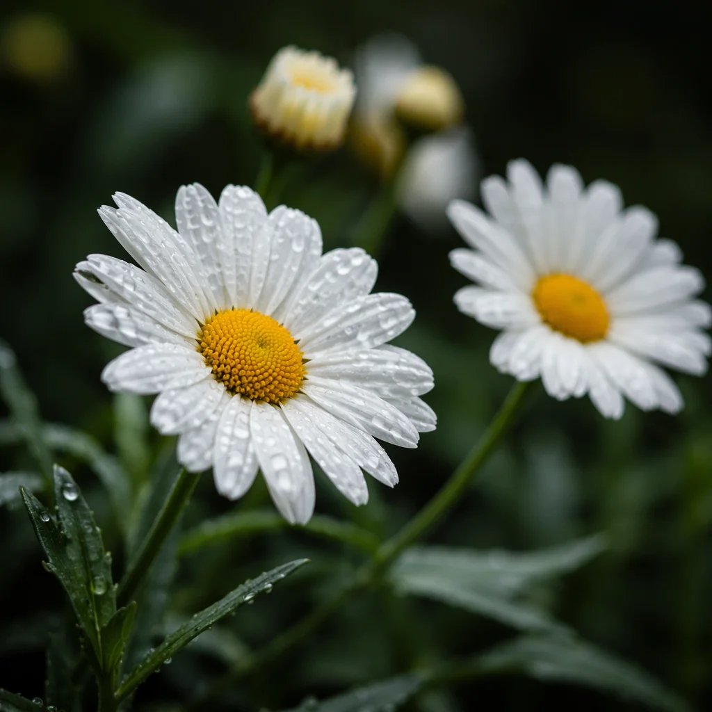 White Daisy Flowers in Rainy Garden