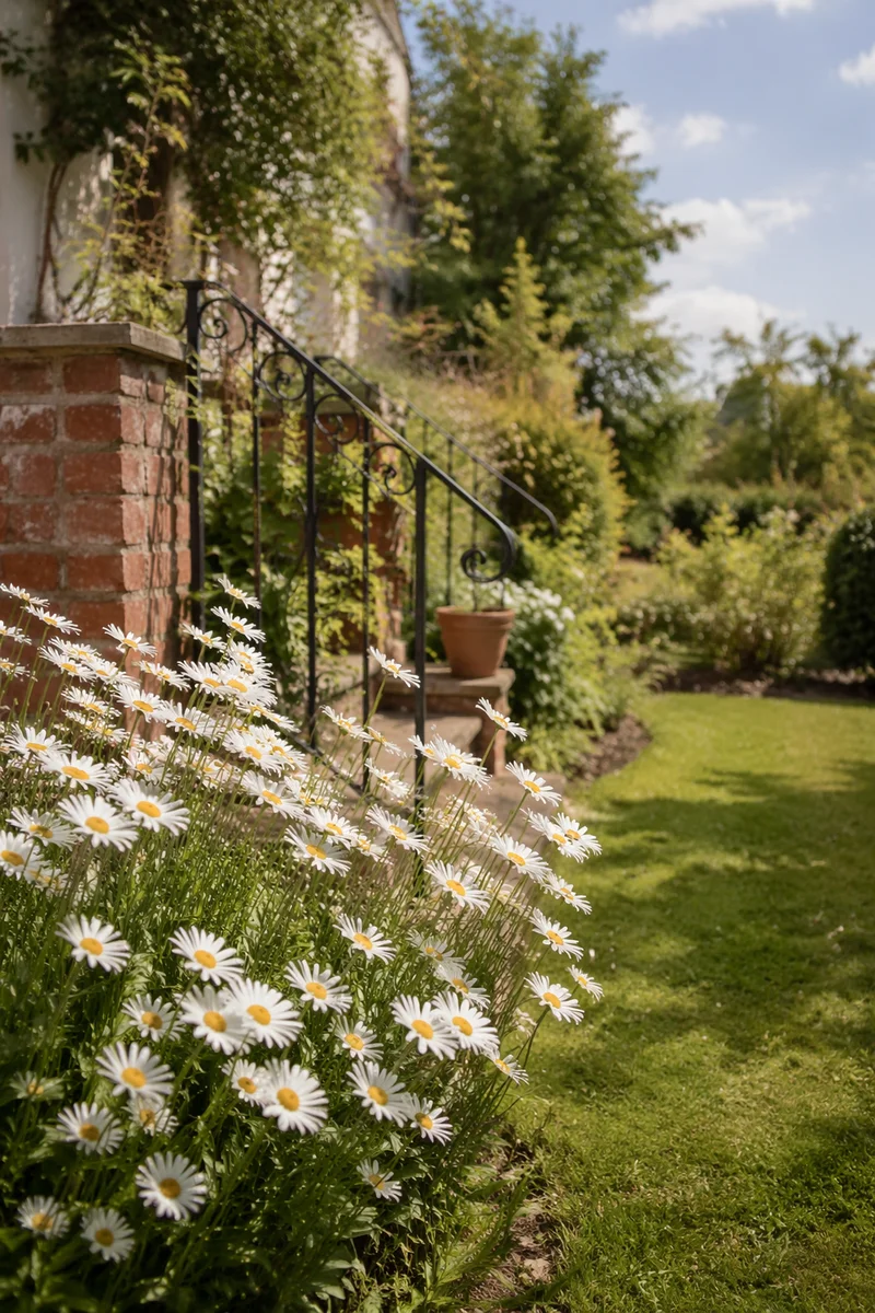 White Daisy Flowers in Simple Cottage Garden