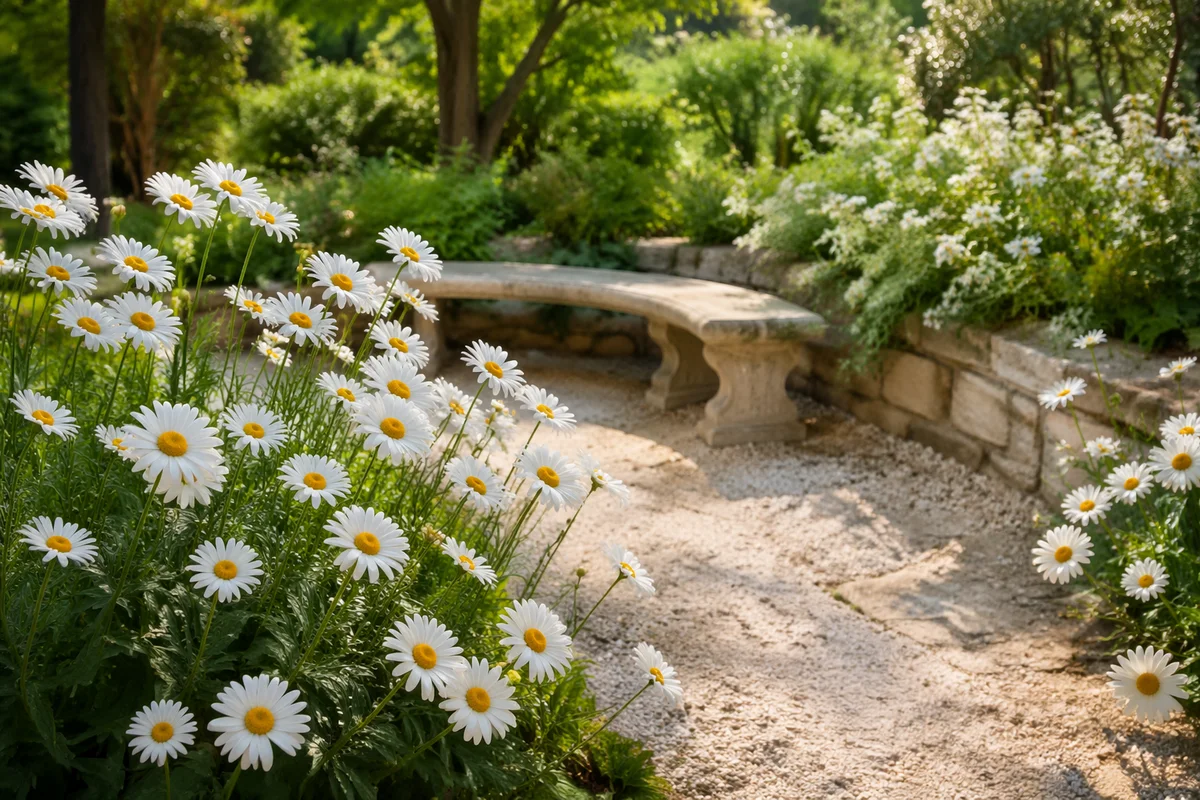 White Daisies by Curved Garden Bench