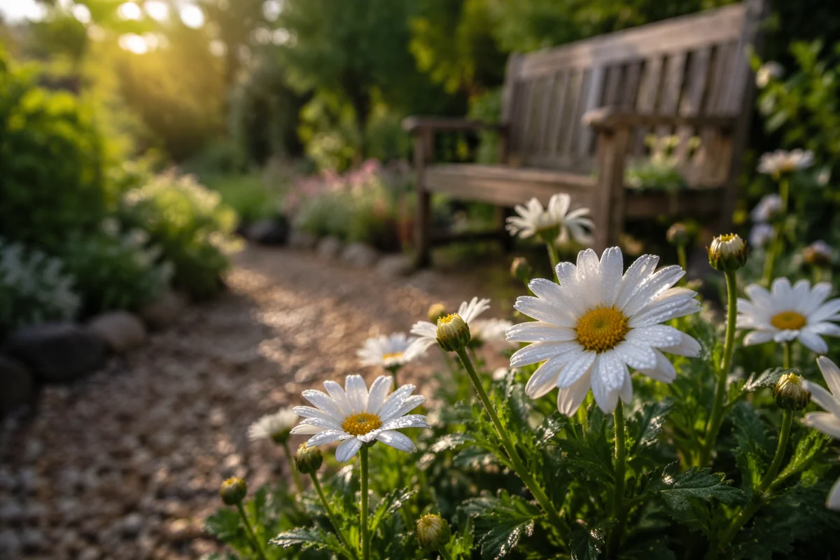 White Daisies in Peaceful Sunrise Garden