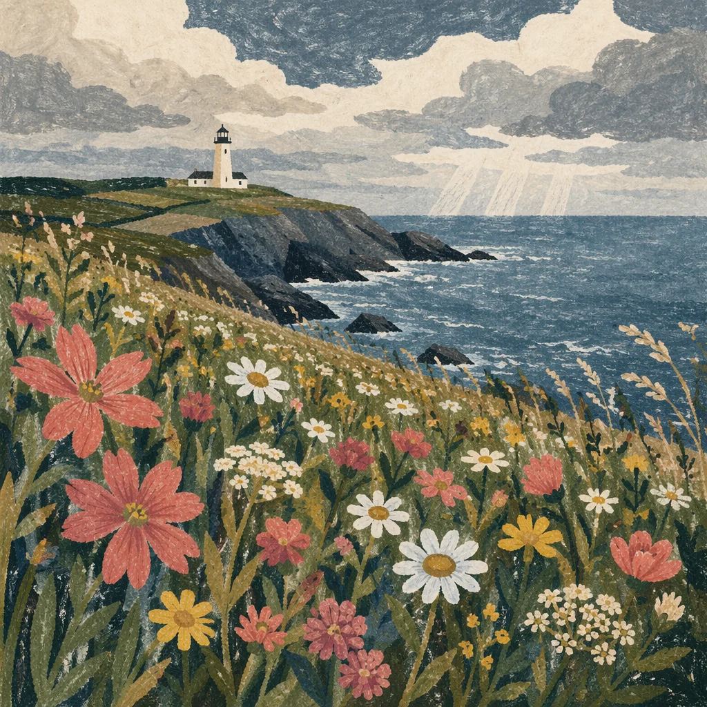 Coastal Wildflower Meadow with Distant Lighthouse