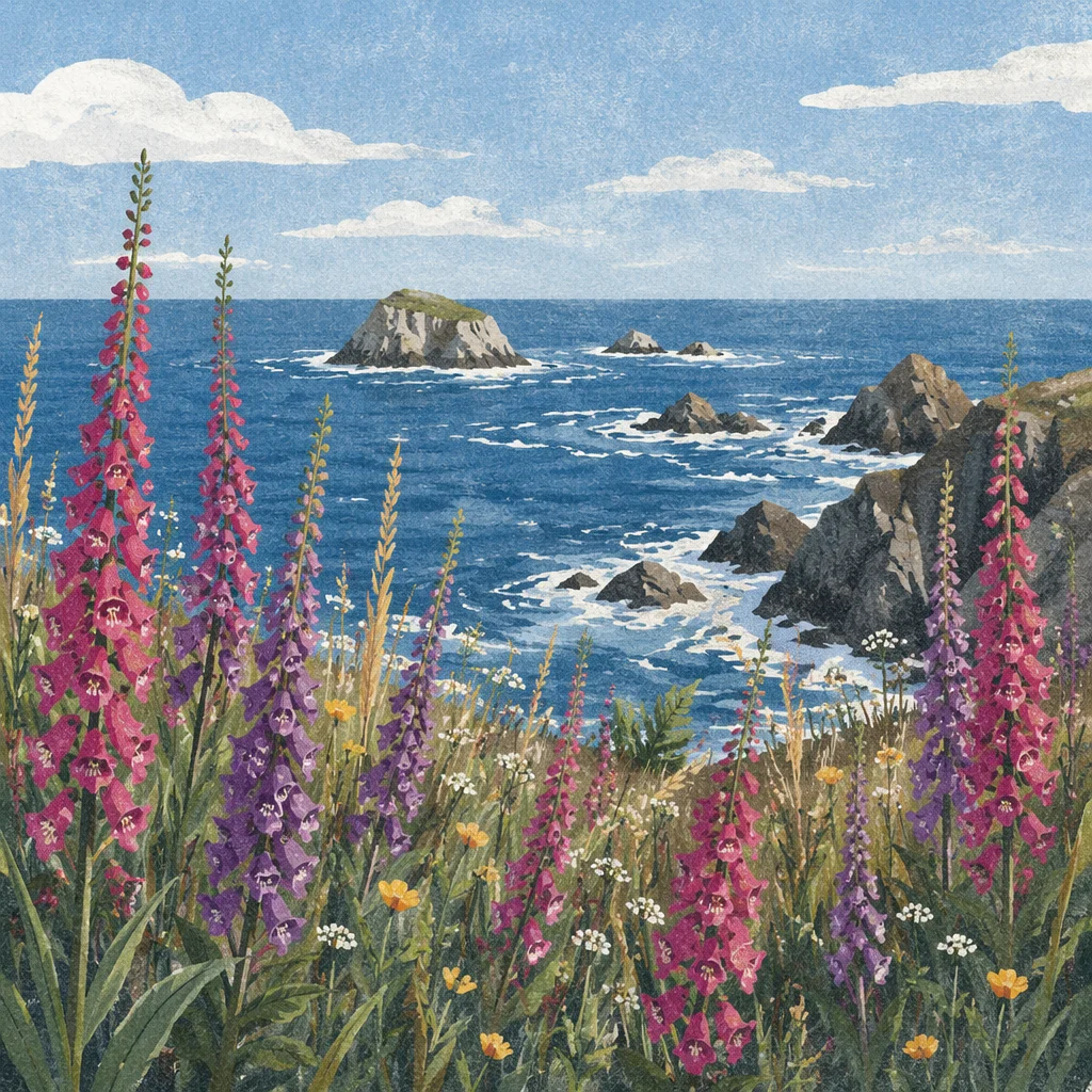 Coastal Wildflower Meadow Over Blue Ocean