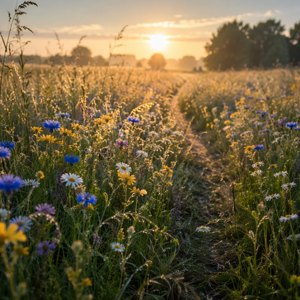 Morning Wildflower Meadow With Curving Footpath