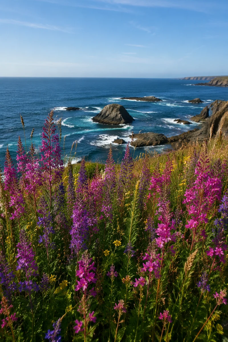 Coastal Wildflower Meadow Over Blue Ocean