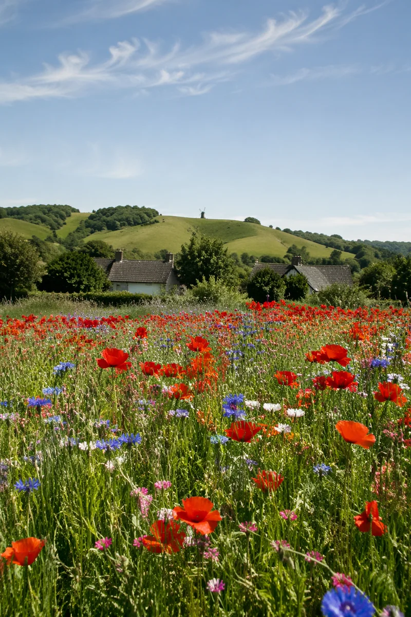 Summer Wildflower Meadow with Countryside Cottages