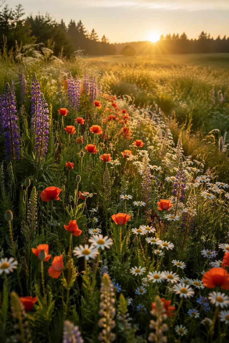 Dewy Wildflower Meadow in Golden Morning Light